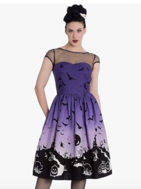 Hell Bunny Hauntly Halloween Purple Ombre Graveyard Dress Size L